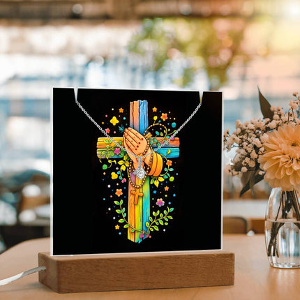 Rainbow Cross Praying Hands | Christian Keepsake Acrylic Bundle Alluring Necklace | Gift for Kids