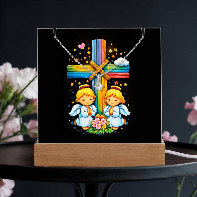 Rainbow Cross Angel Twins | Christian Keepsake Acrylic Bundle Alluring Necklace | Gift for Kids