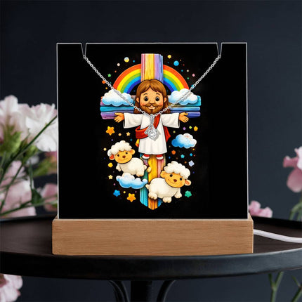 Rainbow Cross Jesus And Lamb | Christian Keepsake Acrylic Bundle Alluring Necklace | Gift for Kids