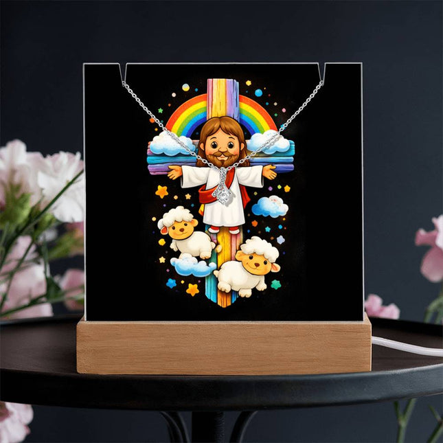 Rainbow Cross Jesus And Lamb | Christian Keepsake Acrylic Bundle Alluring Necklace | Gift for Kids