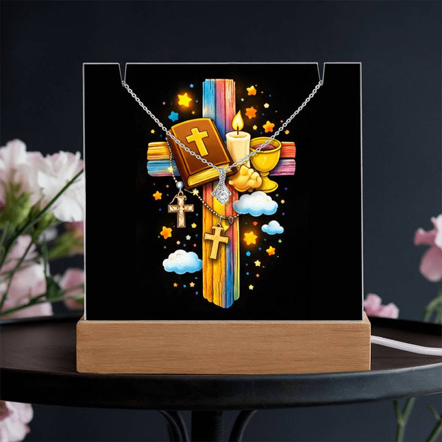 Rainbow Cross Bible And Cross | Christian Keepsake Acrylic Bundle Alluring Necklace | Gift for Kids