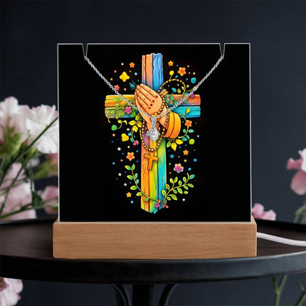 Rainbow Cross Praying Hands | Christian Keepsake Acrylic Bundle Alluring Necklace | Gift for Kids