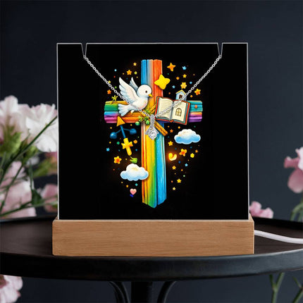 Rainbow Cross Open Bible | Christian Keepsake Acrylic Bundle Alluring Necklace | Gift for Kids
