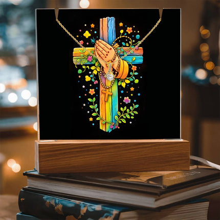 Rainbow Cross Praying Hands | Christian Keepsake Acrylic Bundle Alluring Necklace | Gift for Kids