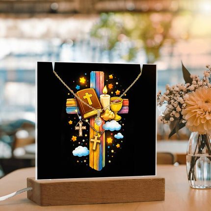 Rainbow Cross Bible And Cross | Christian Keepsake Acrylic Bundle Alluring Necklace | Gift for Kids