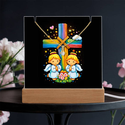 Rainbow Cross Angel Twins | Christian Keepsake Acrylic Bundle Alluring Necklace | Gift for Kids