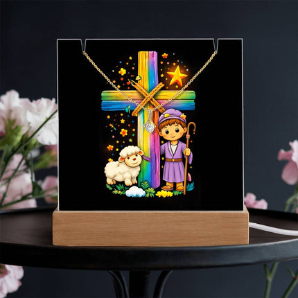 Rainbow Cross Little Shepherd | Christian Keepsake Acrylic Bundle Alluring Necklace | Gift for Kids