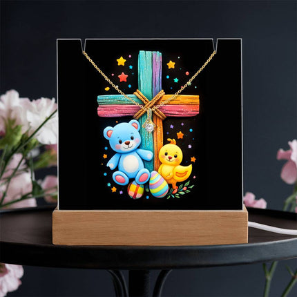 Rainbow Cross Teddy Bear | Christian Keepsake Acrylic Bundle Alluring Necklace | Gift for Kids