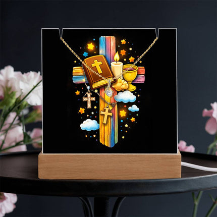 Rainbow Cross Bible And Cross | Christian Keepsake Acrylic Bundle Alluring Necklace | Gift for Kids