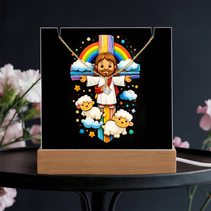 Rainbow Cross Jesus And Lamb | Christian Keepsake Acrylic Bundle Alluring Necklace | Gift for Kids