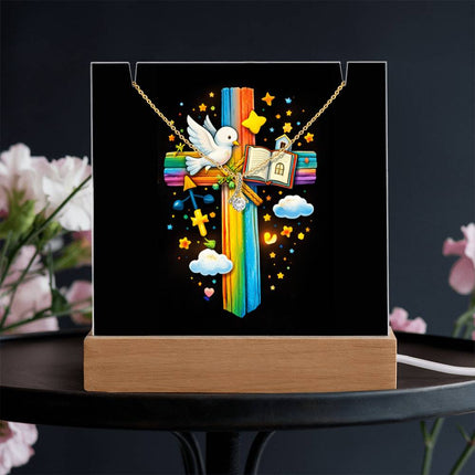 Rainbow Cross Open Bible | Christian Keepsake Acrylic Bundle Alluring Necklace | Gift for Kids