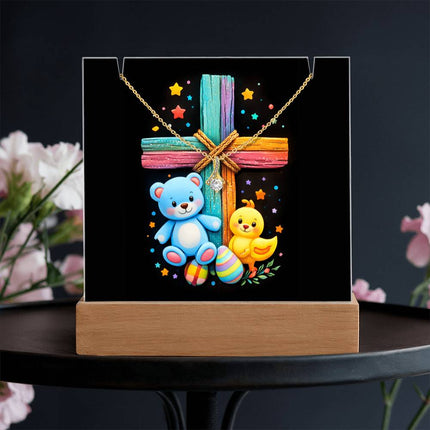 Rainbow Cross Teddy Bear | Christian Keepsake Acrylic Bundle Alluring Necklace | Gift for Kids