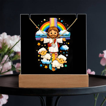 Rainbow Cross Jesus And Lamb | Christian Keepsake Acrylic Bundle Alluring Necklace | Gift for Kids