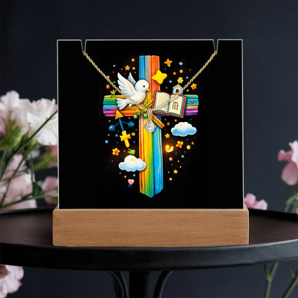 Rainbow Cross Open Bible | Christian Keepsake Acrylic Bundle Alluring Necklace | Gift for Kids