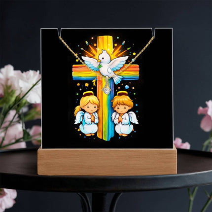 Rainbow Cross Angels And Dove | Christian Keepsake Acrylic Bundle Alluring Necklace | Gift for Kids