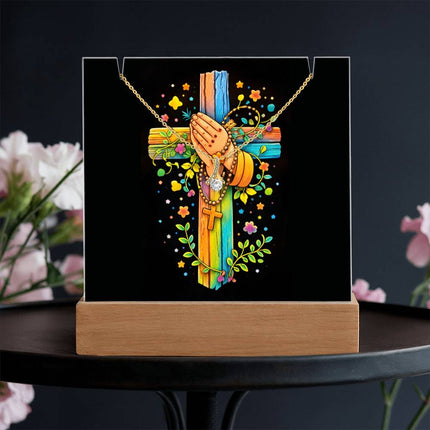 Rainbow Cross Praying Hands | Christian Keepsake Acrylic Bundle Alluring Necklace | Gift for Kids