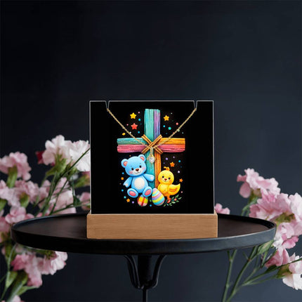 Rainbow Cross Teddy Bear | Christian Keepsake Acrylic Bundle Alluring Necklace | Gift for Kids