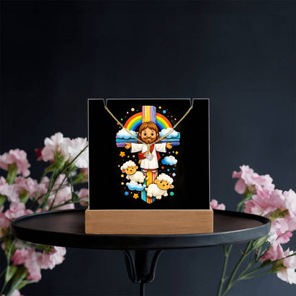 Rainbow Cross Jesus And Lamb | Christian Keepsake Acrylic Bundle Alluring Necklace | Gift for Kids