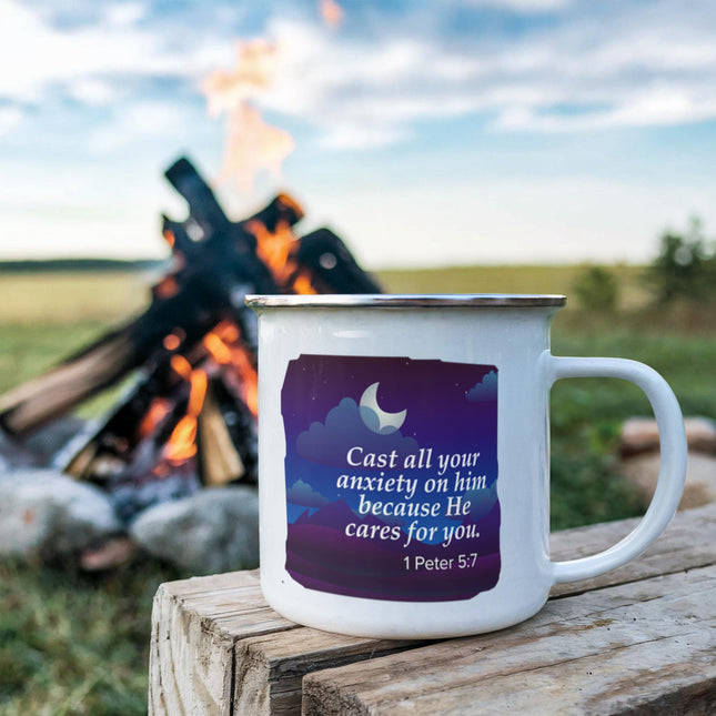 1 Peter 5:7 Enamel Camping Mug | Cast Your Anxiety on Him