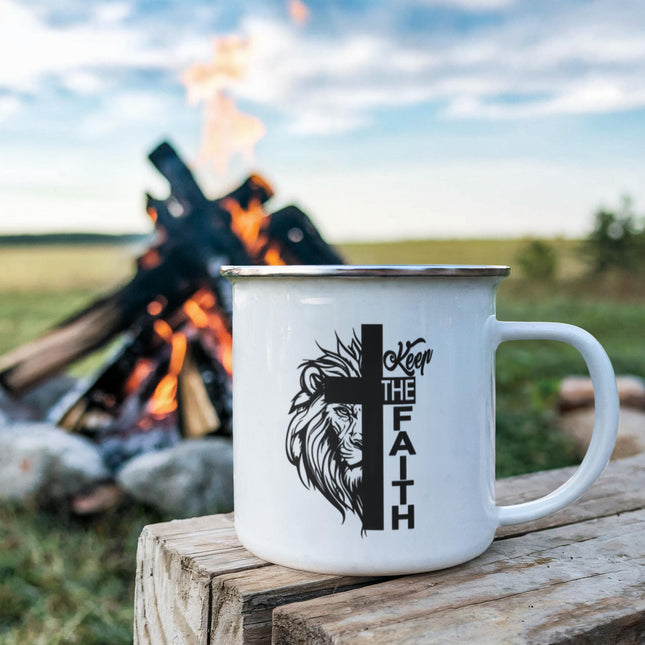 Keep The Faith Lion Cross | Christian Enamel Mug | Gift for Her