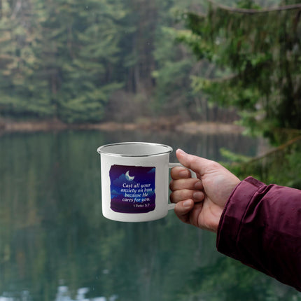 1 Peter 5:7 Enamel Camping Mug | Cast Your Anxiety on Him