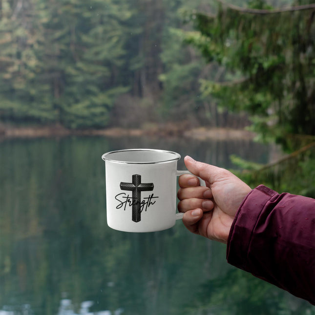 Christian Camping Mug | Strength Cross Enamel Mug (12oz)