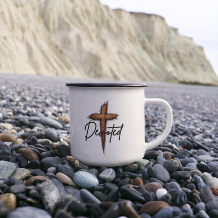 Christian Camping Mug | Devoted Wooden Cross Enamel Mug (12oz)