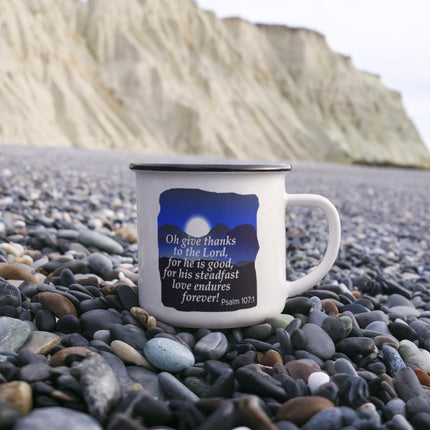 Psalm 107:1 Enamel Camping Mug | Give Thanks to the Lord