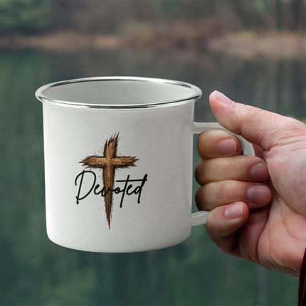 Christian Camping Mug | Devoted Wooden Cross Enamel Mug (12oz)