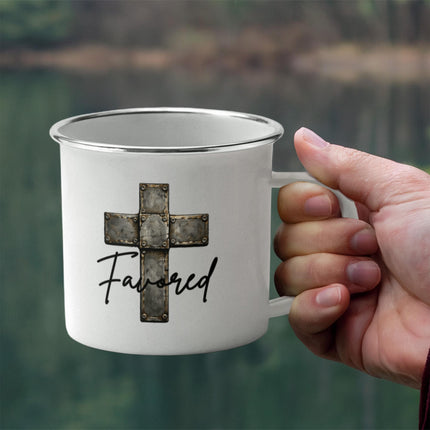 Christian Camping Mug | Favored Cross Enamel Mug (12oz)