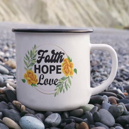 Modern Christian mug with Faith design — "More than conquerors" — a faith-forward gift for women