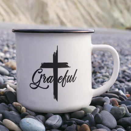Modern Christian mug with Faith design — "Faith, practiced not preached" — a faith-forward gift for women