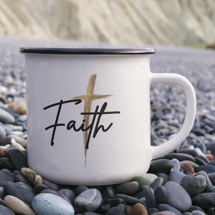 White enamel Christian camping mug with “Faith” lettering and gold cross design, 12oz outdoor mug