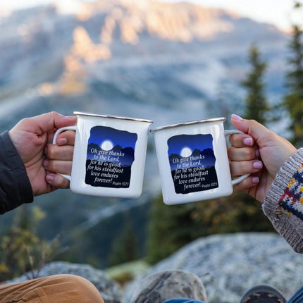 Psalm 107:1 Enamel Camping Mug | Give Thanks to the Lord