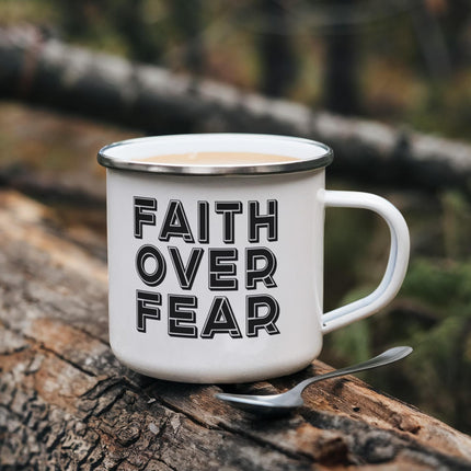 Faith Over Fear Enamel Camping Mug – Christian Gift for Men