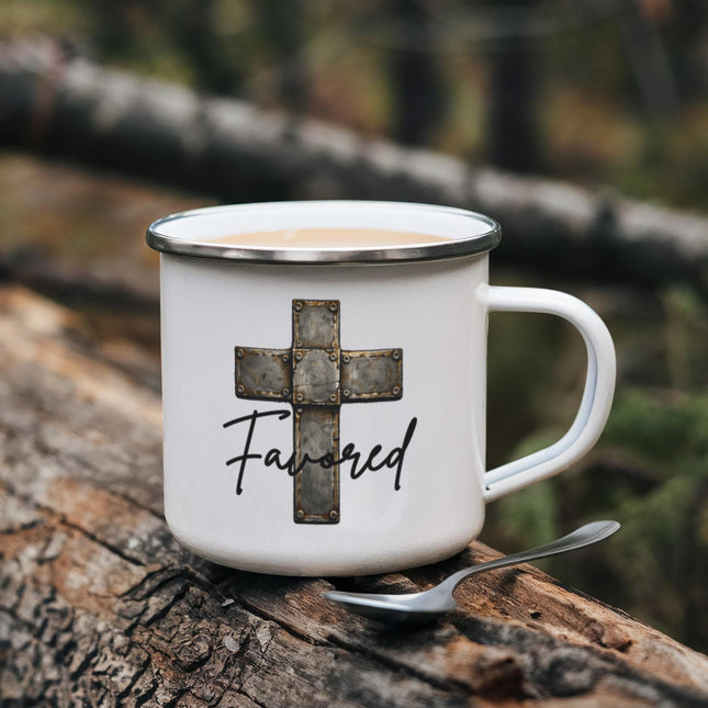 Christian Camping Mug | Favored Cross Enamel Mug (12oz)