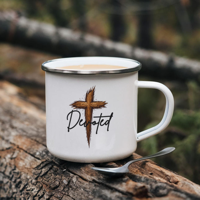 Christian Camping Mug | Devoted Wooden Cross Enamel Mug (12oz)