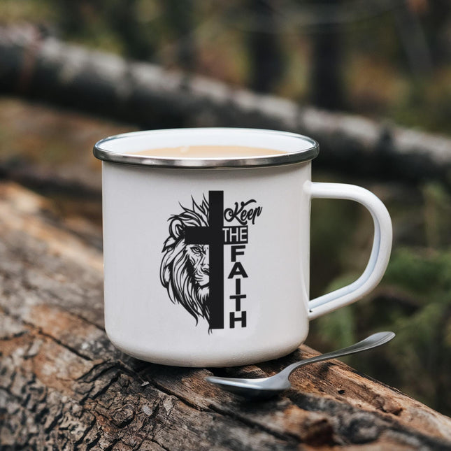 Keep The Faith Lion Cross | Christian Enamel Mug | Gift for Her