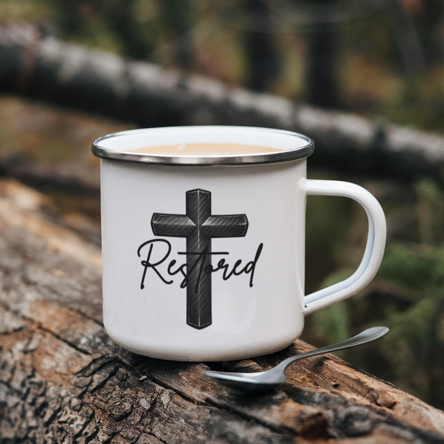 Christian Camping Mug | Restored Cross Enamel Mug (12oz)