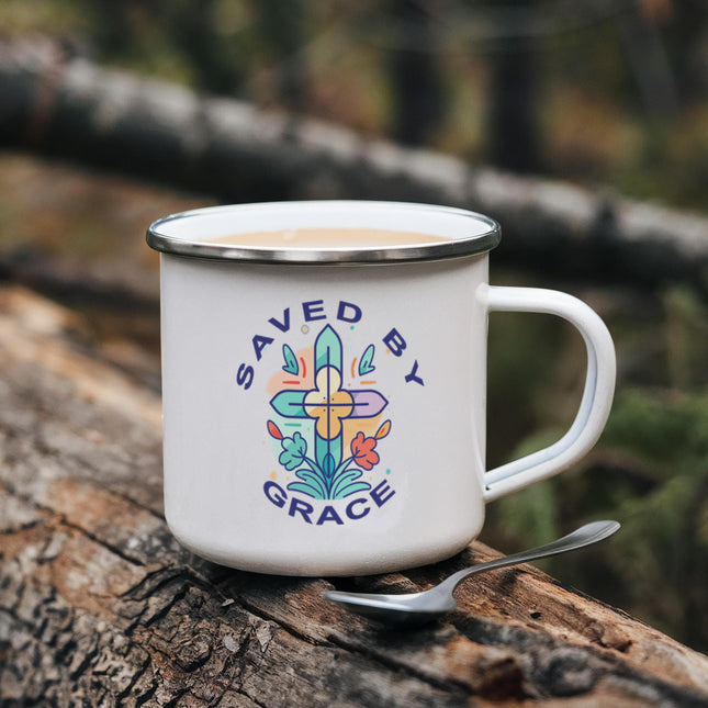 Saved By Grace | Uplifting Christian Enamel Mug | Gift for Her