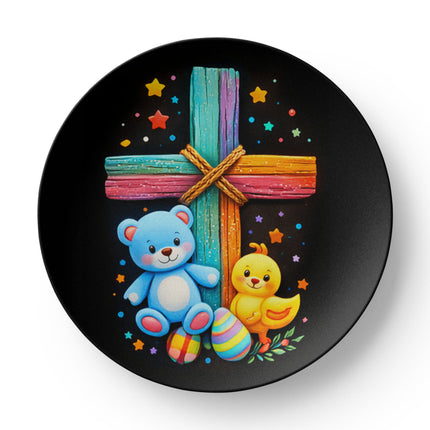 Rainbow Cross Teddy Bear & Chick Ceramic Plate – Christian Gift for Kids