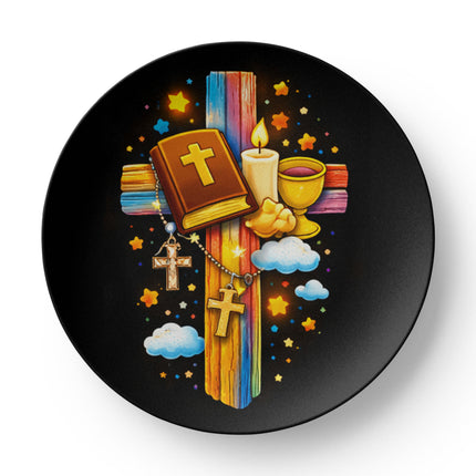 First Communion Bible & Chalice Rainbow Cross Ceramic Plate – Christian Gift for Kids