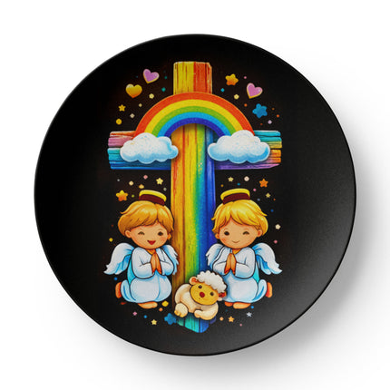 Angels & Lamb Rainbow Cross Ceramic Plate – Christian Gift for Kids