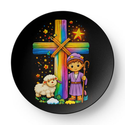 Shepherd Boy & Lamb Rainbow Cross Ceramic Plate – Christian Gift for Kids