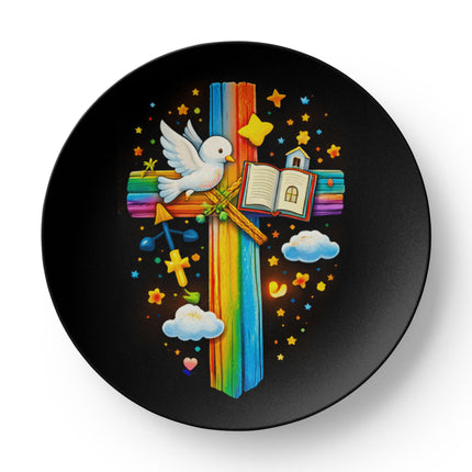 Dove & Open Bible Rainbow Cross Ceramic Plate – Christian Gift for Kids
