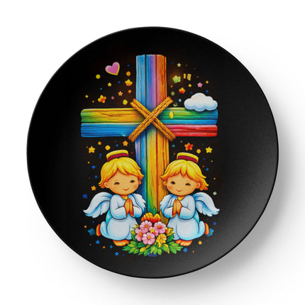 Praying Angels Rainbow Cross Ceramic Plate – Christian Gift for Kids