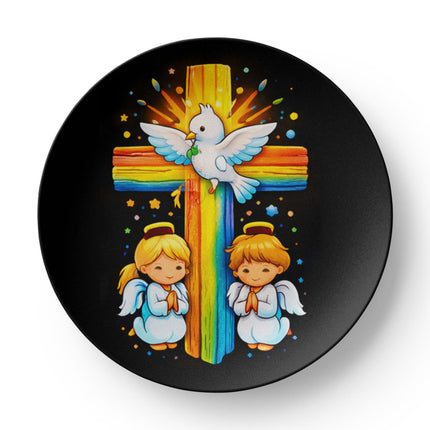 Dove & Praying Angels Rainbow Cross Ceramic Plate – Christian Gift for Kids