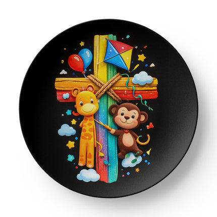 Giraffe & Monkey Rainbow Cross Ceramic Plate – Christian Gift for Kids
