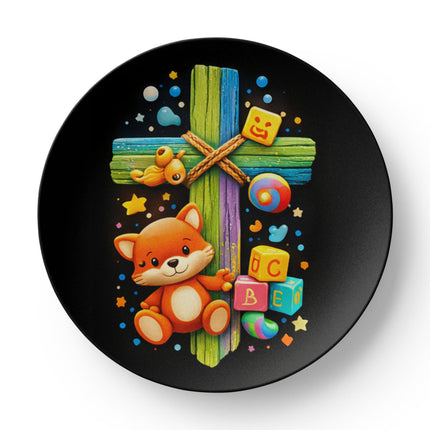 Kitten & ABC Blocks Rainbow Cross Ceramic Plate – Christian Gift for Kids