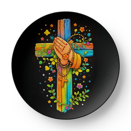 Praying Hands & Rosary Rainbow Cross Ceramic Plate – Christian Gift for Kids